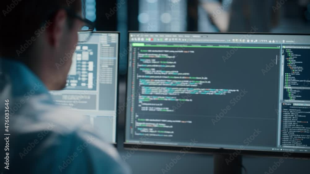 Poster Data Center Server: IT Specialist Writing Software Code on Computer, on Screen Programming Language. Cyber Security Solution Expert. System Administrator. Data scientist. Infrastructure Architect.