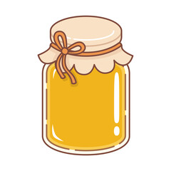 Glass honey jar with paper lid. Cartoon style. Vector illustration.