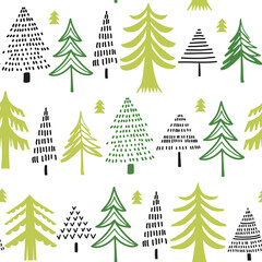 Vector seamless pattern with pine trees on white background. Stylized forest background. - 476084012