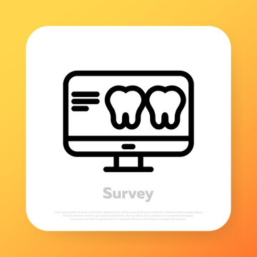 X ray of teeth on computer icon. Dental anatomy. Professionals of ontology work. Dental clinic. Vector line icon for Business and Advertising