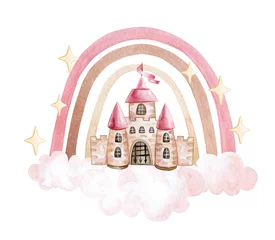  Boho rainbow with pink clouds and castle, fortress, tower Invitation. Nursery art illustration in trendy scandinavian style. Watercolor kids © Yuliia