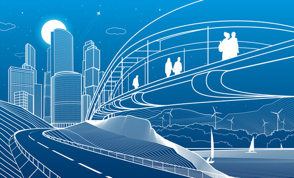 City infrastructure industrial and cityscape illustration. People walk across the river bridge. Automobile road in mountains. White lines on blue background. Vector design outline art