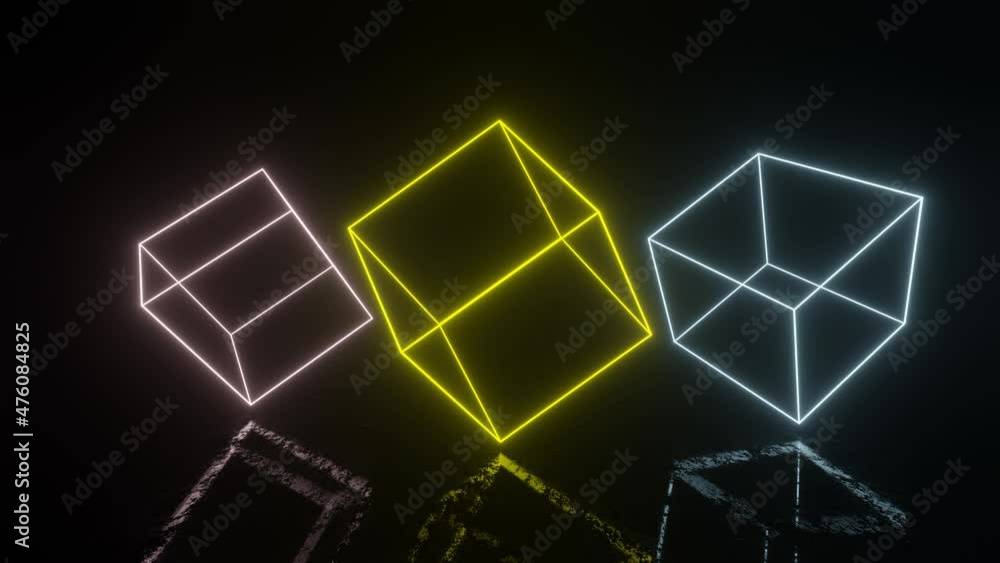 Aufkleber neon glowing boxes in dark space with reflections on the floor. seamless loop simple animation with 