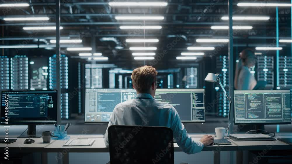 Poster Data Center Server: System Administrator Working on Computer. Data Warehouse Developer. Technical Support Scientist. Cloud Solution Infrastructure Architect. Virtualization Reliability Engineer