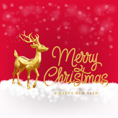 Fototapeta na wymiar Illustration of Golden 3D Deer, Snowflakes, and with Text Merry Christmas and Happy New Year. Template Banner, or Greetings Card on Red Background