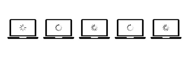 Laptop with loading icon set. Software update. Computer upgrade process concept. Vector line icon for Business and Advertising