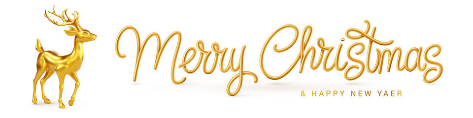 Obraz na płótnie Canvas Illustration of Golden 3D Deer with Text Merry Christmas and Happy New Year. Template Banner, or Greetings Card on White Background