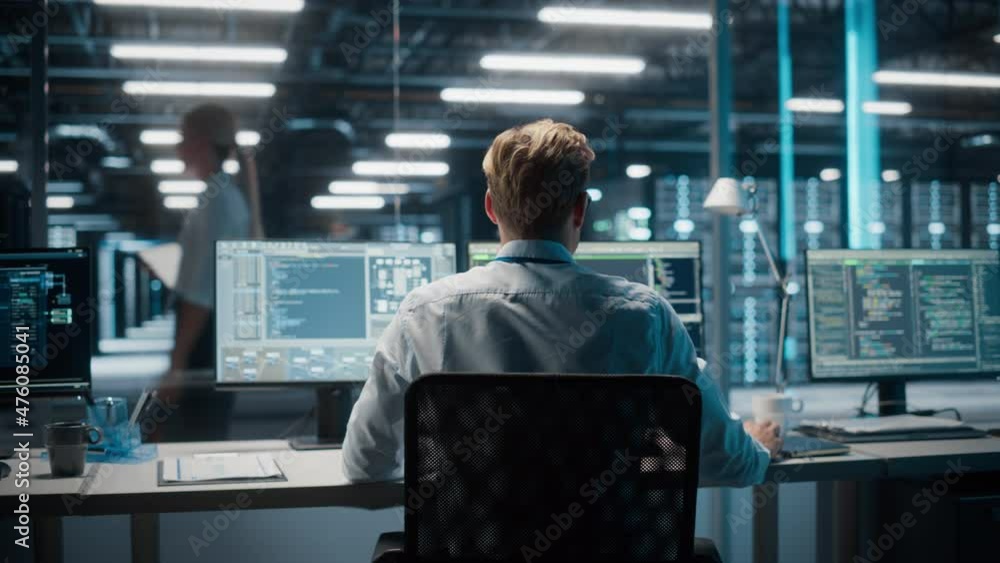 Poster Data Center Server: System Administrator Working on Computer. Data Warehouse Developer. Technical Support Scientist. Cloud Solution Infrastructure Architect. Virtualization Reliability Engineer