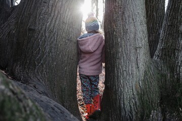 child standing between trees in a forest at sunset in winter