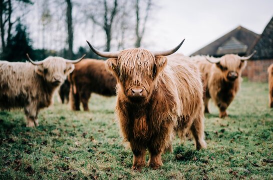 close up of a highland cow in a field of cows in England