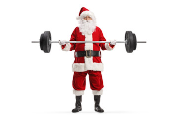 Full length portrait of santa claus lifting weights