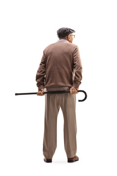 Full Length Rear View Shot Of An Elderly Man Standing And Holding A Cane Behind His Back