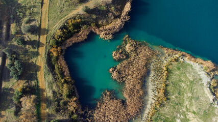 fragment of a lake scene, abstract zenith image of nature, aerial image over the river