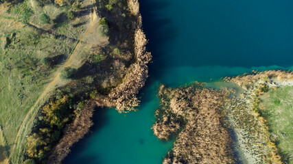 fragment of a lake scene, abstract zenith image of nature, aerial image over the river