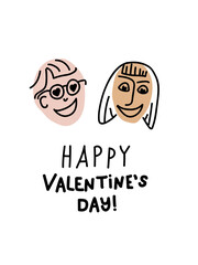 Heterosexual couple, man and woman. Face with emotions of love. Doodle Card with Lettering Happy Valentines Day. Love-day poster and postcard. Hand drawn line art vector illustration.
