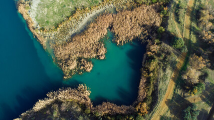 fragment of a lake scene, abstract zenith image of nature, aerial image over the river