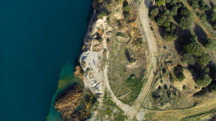 fragment of a lake scene, abstract zenith image of nature, aerial image over the river