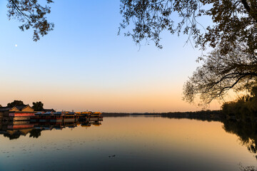 China Beijing Summer Palace misty lake and tree view