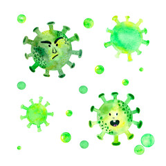 Watercolor illustration of coronavirus molecule.Coronavirus outbreak and coronaviruses influenza dangerous flu strain cases as a pandemic medical health risk