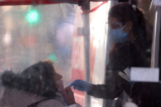 A person is tested for COVID-19 in Times Square in Manhattan, New York City