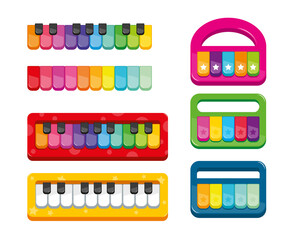 kids toy pianos with multi-colored keys of different shapes