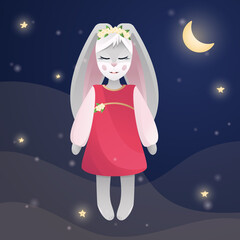 Obraz na płótnie Canvas Bunny sleeping flat vector, cute bunny girl, bunny flying in a dream