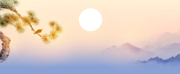Obraz na płótnie Canvas Sunrise landscape with pine tree and misty mountains. Traditional oriental ink painting sumi-e, u-sin, go-hua.