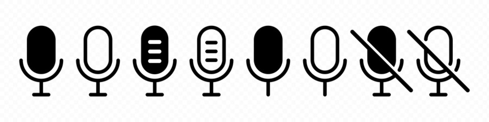Audio microphone on and mute icon set. Microphone symbol for your web site design, logo, app, UI. Vector line icon for Business and Advertising - obrazy, fototapety, plakaty