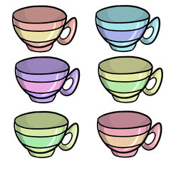 A set of colorful cups for tea or coffee for breakfast