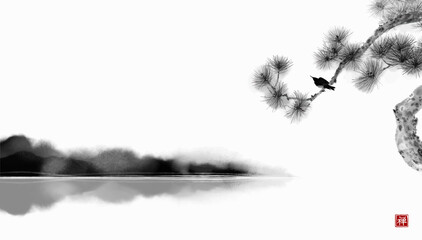 Landscape with pine tree and misty island. Traditional oriental ink painting sumi-e, u-sin, go-hua. Translation of hieroglyph - well-being