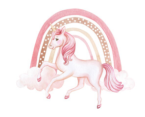 Pink unicorn with boho rainbow in pink clouds. Baby shower. Invitation. Nursery art illustration in trendy scandinavian style. 