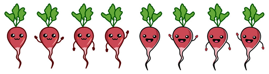 Cute kawaii style red radish root vegetable icon, smiling. Version with hands raised, down and waving