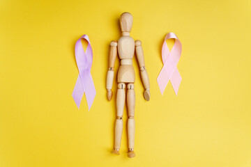 Healthcare and World cancer day concept on a yellow background. Top view. Copy space