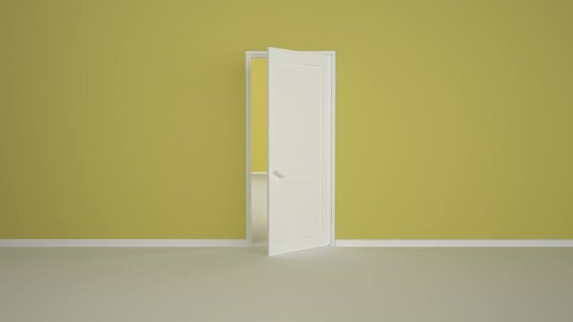 Door opens and a bright light flooding a dark room. Can be used as a concept of new innovations, future and hope, new beginning or a win of a fight for freedom. yellow walls. the camera flies into the