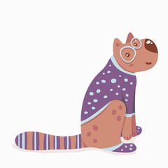Vector illustration of cute cartoon cat with glasses, clothed in blue sweater and socks sitting and smiling on the white background. Modern hand drawn design. Isolated animal character.