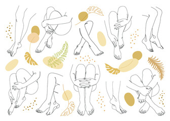 Fototapeta Collection. Silhouettes of human legs and leaves in a modern one line style. Plants solid drawing, decor outline, wall poster, stickers, logo. Vector illustration set. obraz