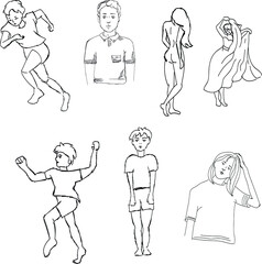 People poses, body hand drawn sketch isolated on bright background. Concept for logo, print, cards