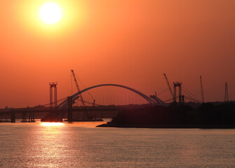 Morning at Mississippi River new bridge construction site