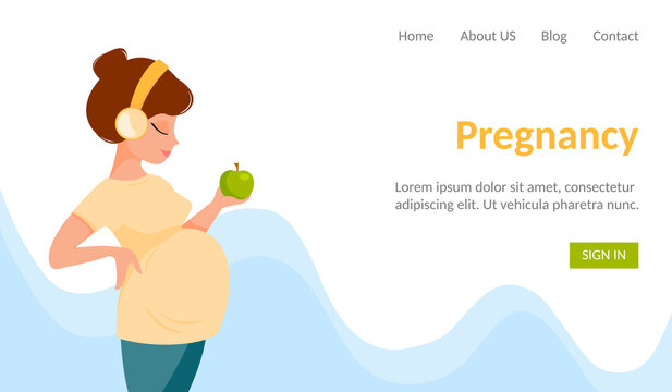 Banner of Happy Carefree Pregnancy. Cute Cartoon Pregnant Woman in Pants and T-shirt Listens to Music with Headphones holds green apple in her hand. Vector illustration in flat style.