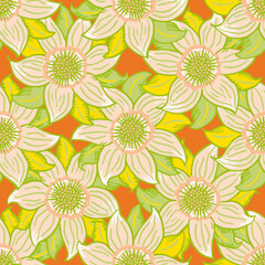 Fototapeta na wymiar Tropical six petal flower vector seamless pattern. Bright green orange, yellow background with hand drawn flowers and leaves. Overlapping jungle plant motifs. Textural repeat for summer, vacation