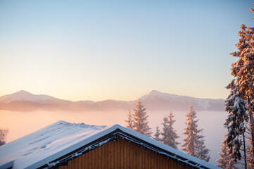 winter landscape in the mountains in sunrise 