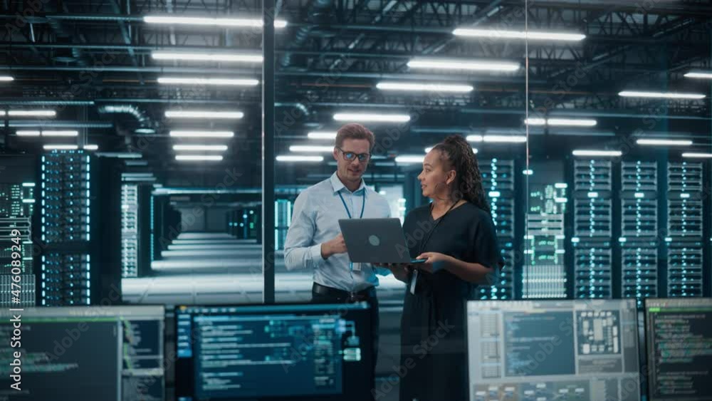 Poster data center black female e-business enrepreneur and white male it specialist talk, use laptop. infor