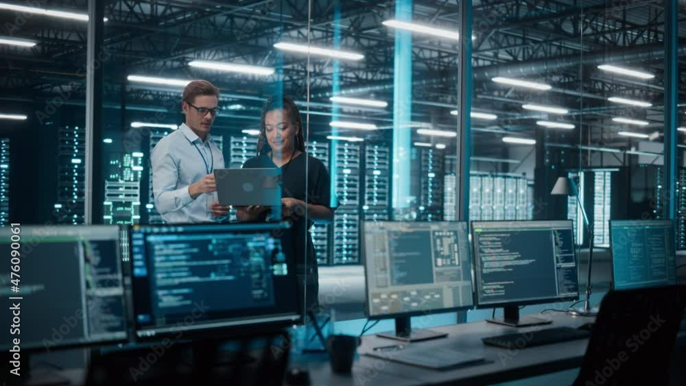 Poster big data center server: female e-business enrepreneur and male it specialist talk, use laptop. infor