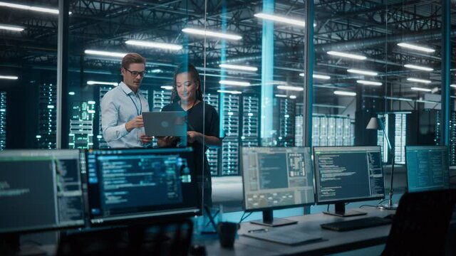 Big Data Center Server: Female e-Business Enrepreneur and Male IT Specialist talk, Use Laptop. Information Technology Engineer and System Administrator Monitoring Web Services Cloud Solution Software