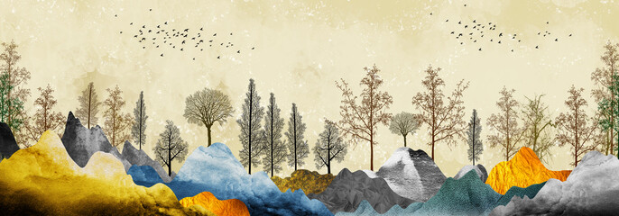 Bruine bomen met gouden bloemen en turquoise, zwarte en grijze bergen op een lichtgele achtergrond met witte wolken en vogels. 3d illustratie behang landschapskunst