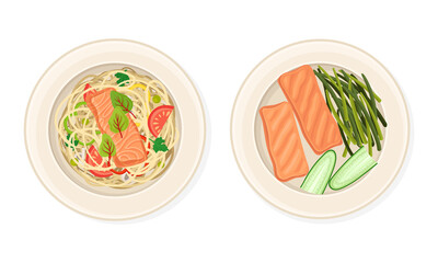Top view of seafood dishes set. Salmon fish with spaghetti and vegetables served on plates vector illustration