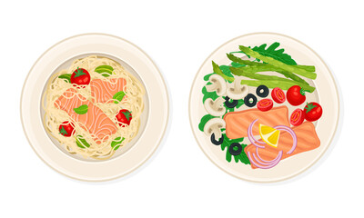 Top view of seafood dishes set. Salmon fish with pasta, mushrooms and vegetables served on plates vector illustration