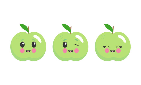 Funny apples in cartoon style. Greeting card or poster for children's learning, printing on the pack, printing on clothes or utensils. Character with a face and a smile. Vector illustration.