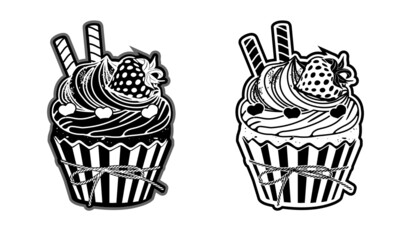 Black and white strawberry muffins set in two designs. Delicious dessert decorated with berry,wafer rolls .Cupcake in a package with a bow . Food icon in graphic style.Vector isolated illustration.
