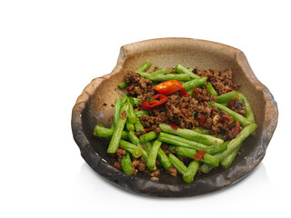 stir fried string beans with black bean sauce in black and brown ceramic bowl on white background, food, nature, health, copy space